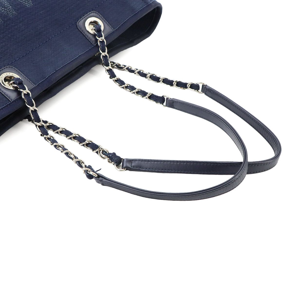 Chanel Deauville MM Chain Tote Bag Canvas Leather Navy — view 6