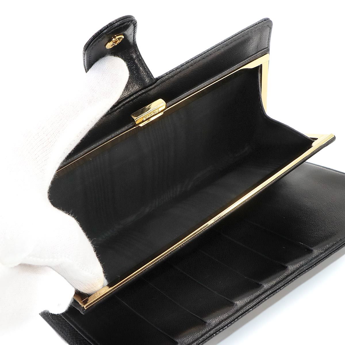 Chanel Caviar Leather Bifold Wallet Kiss Lock Black CC Logo — view 8