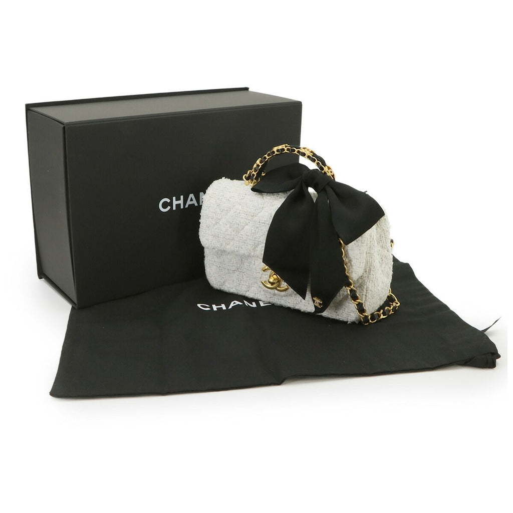 Chanel Quilted 2-Way Chain Shoulder Hand Bag Tweed White Gold — view 2