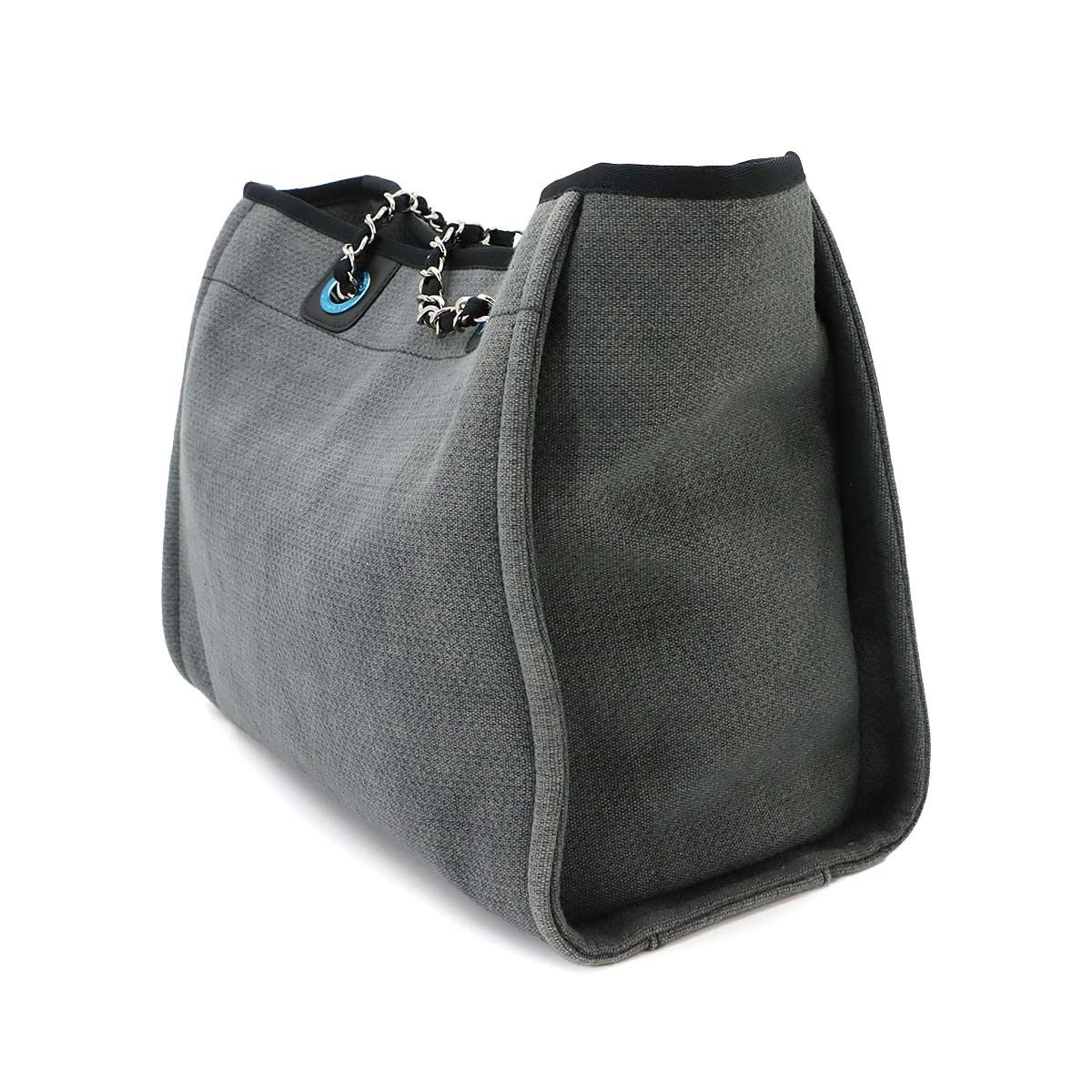 Chanel Deauville MM Chain Tote Bag Canvas Leather Gray Black Silver — view 4