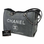 Chanel Deauville MM Chain Tote Bag Canvas Leather Gray Black Silver — view 2