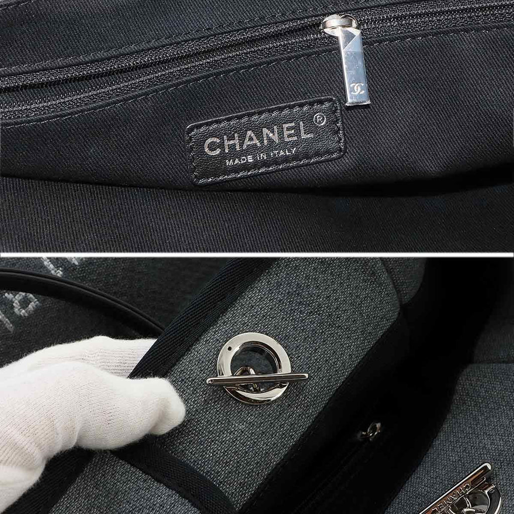 Chanel Deauville MM Chain Tote Bag Canvas Leather Gray Black Silver — view 8