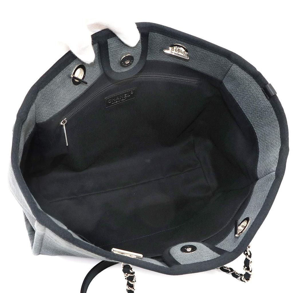 Chanel Deauville MM Chain Tote Bag Canvas Leather Gray Black Silver — view 7