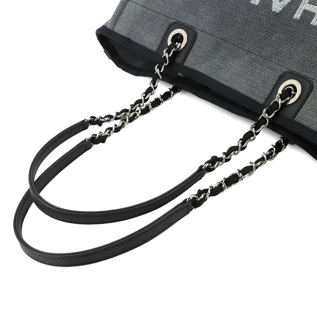 Chanel Deauville MM Chain Tote Bag Canvas Leather Gray Black Silver — view 6