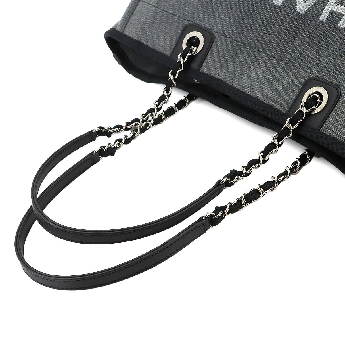 Chanel Deauville MM Chain Tote Bag Canvas Leather Gray Black Silver — view 6