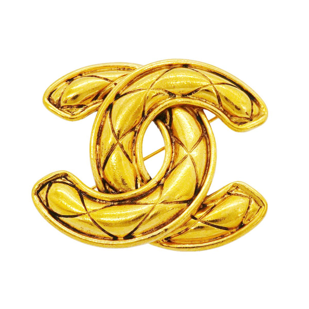 Chanel Brooch Vintage CC Logo Quilted Gold Plated