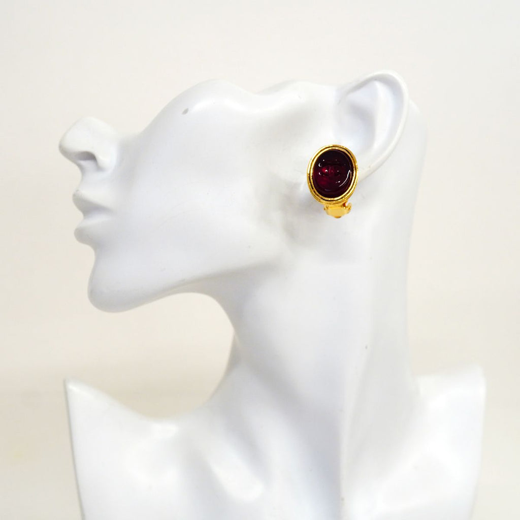 Chanel Earrings Vintage CC Logo Oval Gold Plated Gripoix Red — view 5
