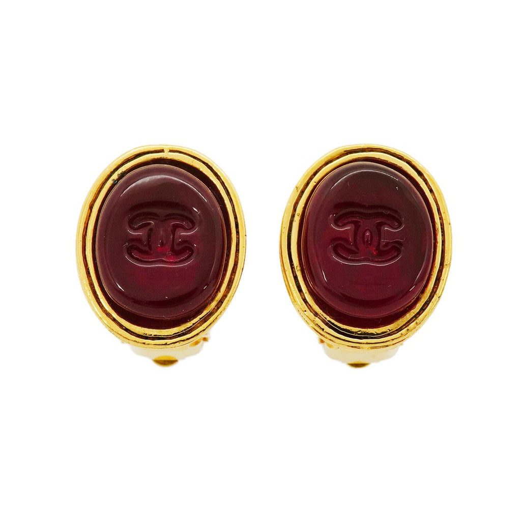 Chanel Earrings Vintage CC Logo Oval Gold Plated Gripoix Red