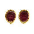 Chanel Earrings Vintage CC Logo Oval Gold Plated Gripoix Red