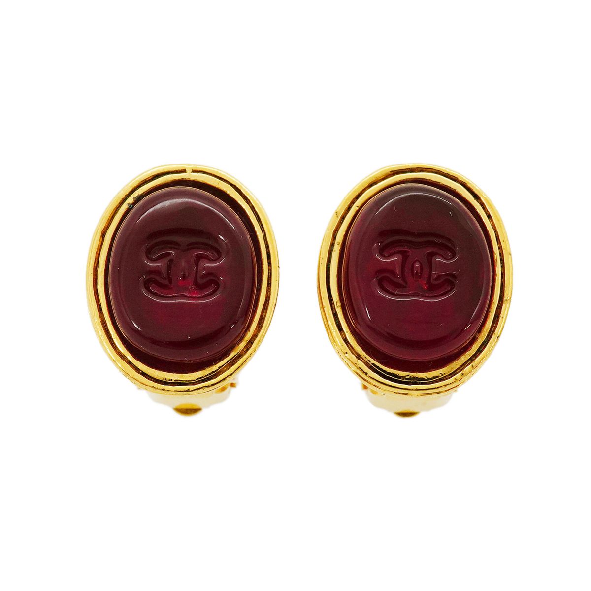 Chanel Earrings Vintage CC Logo Oval Gold Plated Gripoix Red