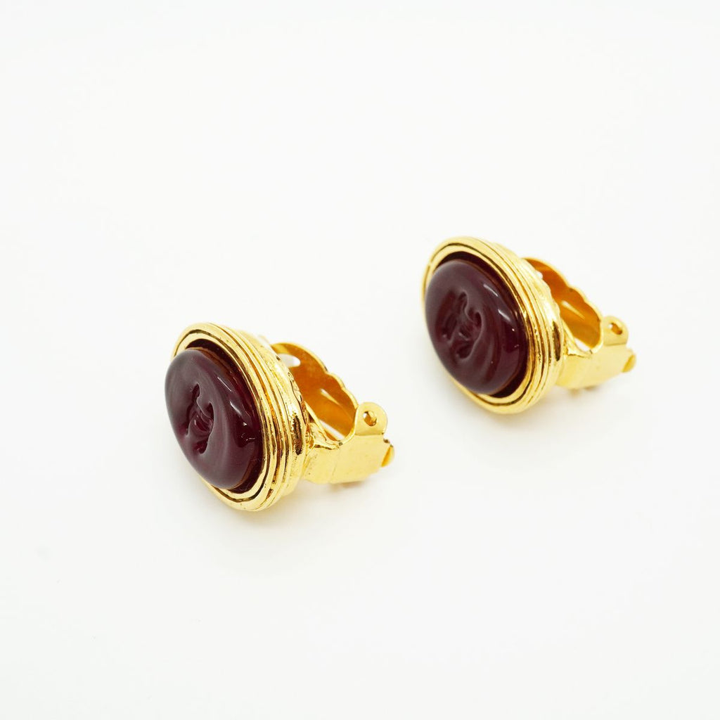 Chanel Earrings Vintage CC Logo Oval Gold Plated Gripoix Red — view 2