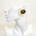 Chanel Earrings Vintage CC Logo Round Circle Lava Motif Gold Plated Black — view 5