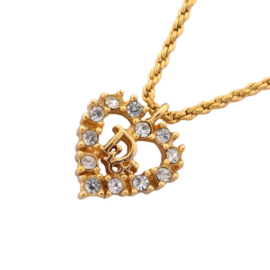 Dior Necklace Logo Heart Motif Gold Plated Rhinestone