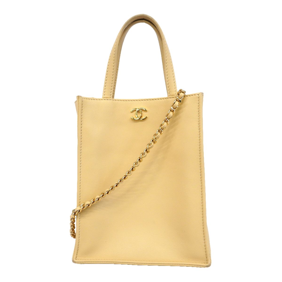 Chanel Handbag Lambskin Beige Gold 2-Way Bag