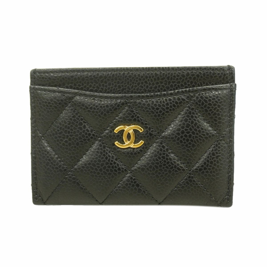 Chanel Card Case Quilted Caviar Leather Black Gold