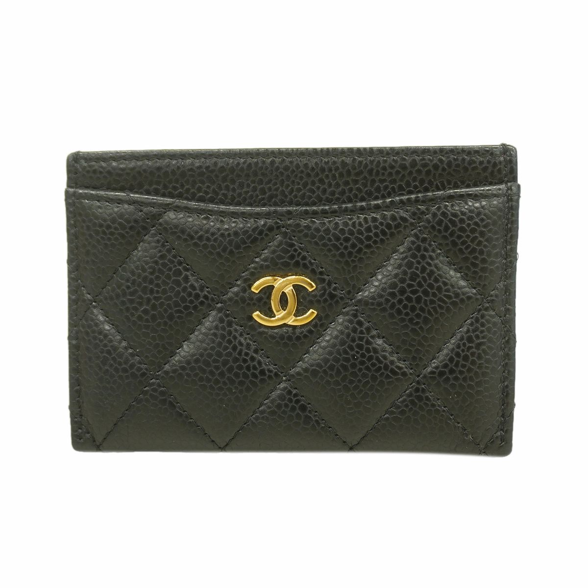 Chanel Card Case Quilted Caviar Leather Black Gold