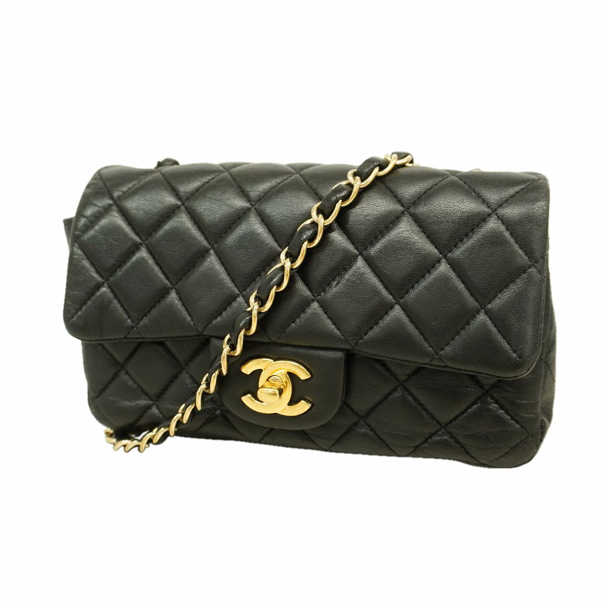 Chanel Shoulder Bag Mini Quilted Lambskin Black Gold