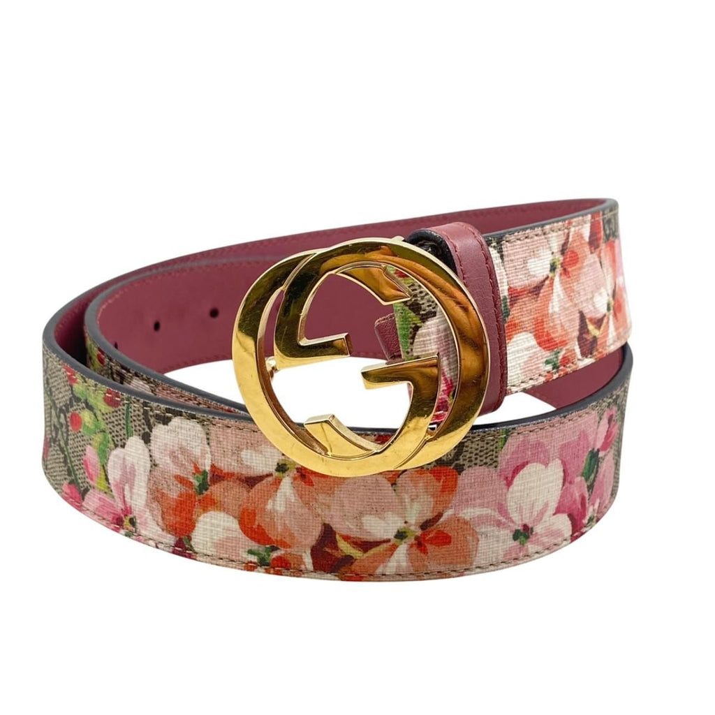 Gucci Belt GG Buckle Floral Pattern Supreme Canvas Leather Gold