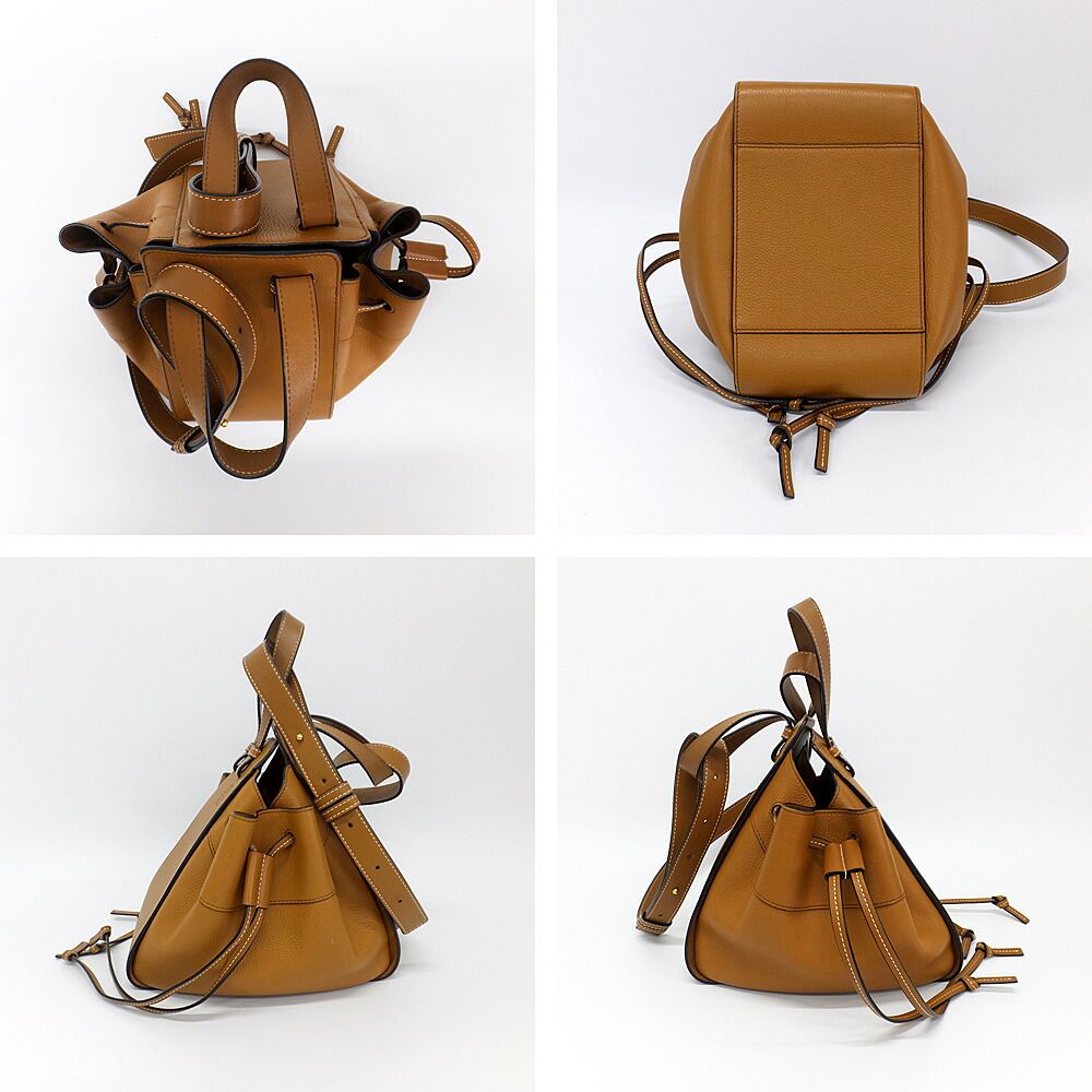 Loewe Drawstring Hammock Small Brown Gold 2-Way Logo Embossed Shoulder Bag — view 3