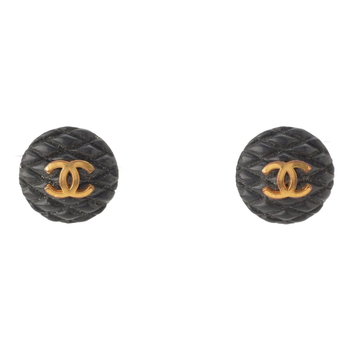 Chanel 93A Quilted CC Logo Earrings Black Gold