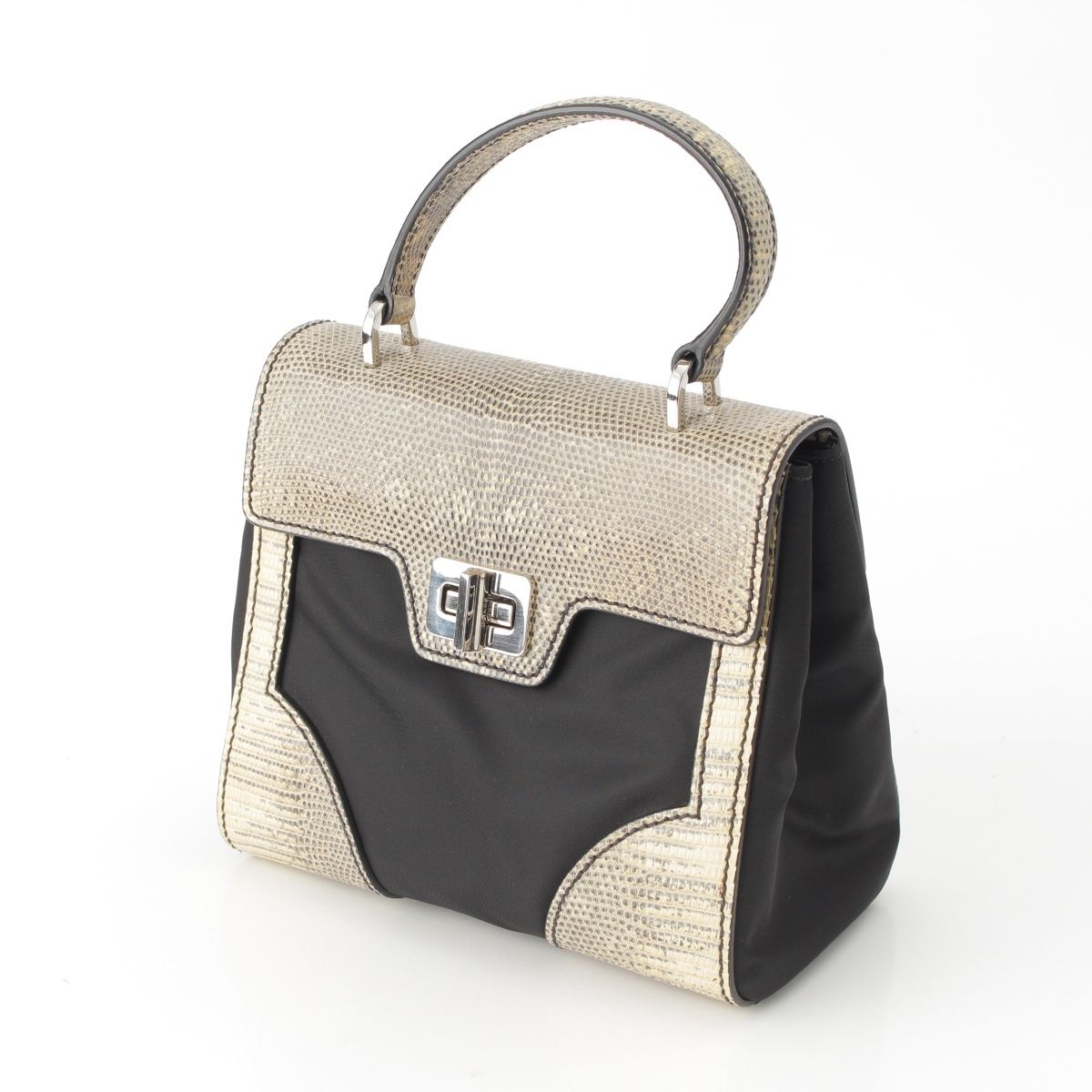 Prada Lizard Nylon 2-Way Turnlock Shoulder Handbag Black White — view 2