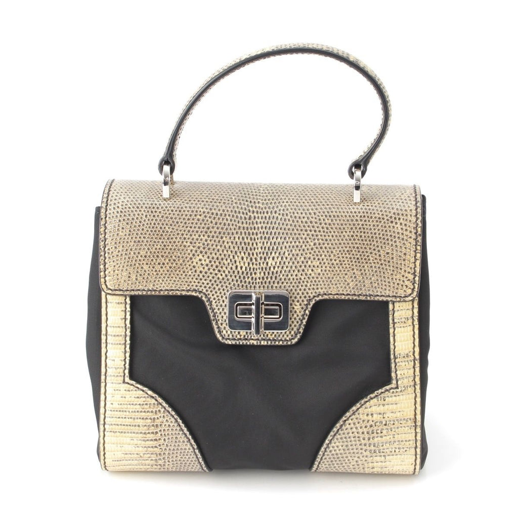 Prada Lizard Nylon 2-Way Turnlock Shoulder Handbag Black White