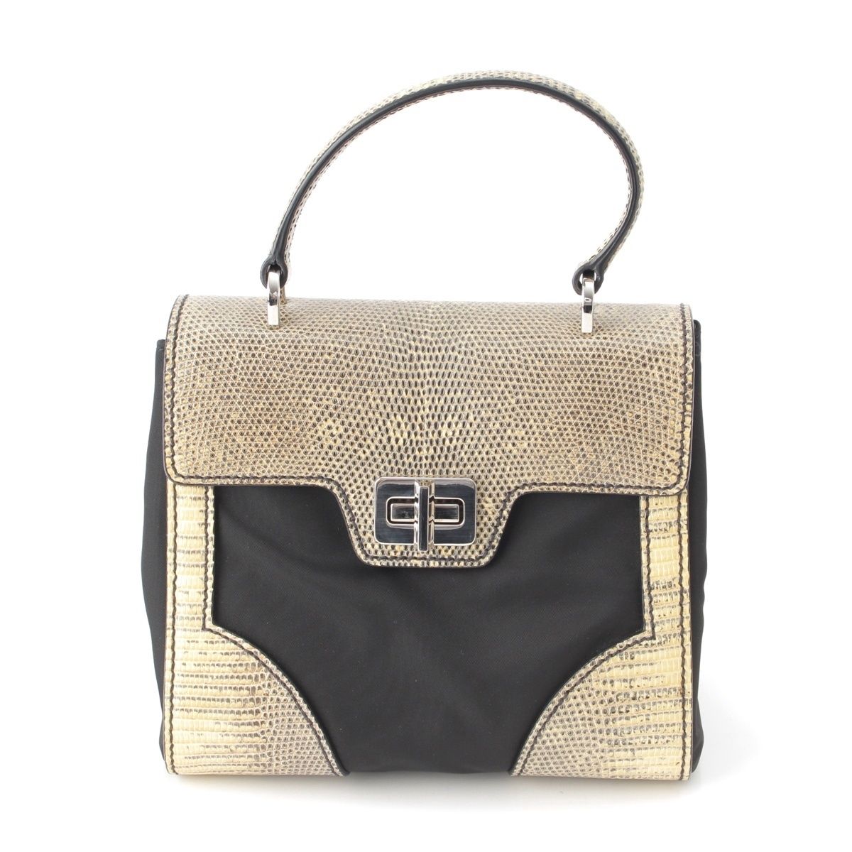 Prada Lizard Nylon 2-Way Turnlock Shoulder Handbag Black White