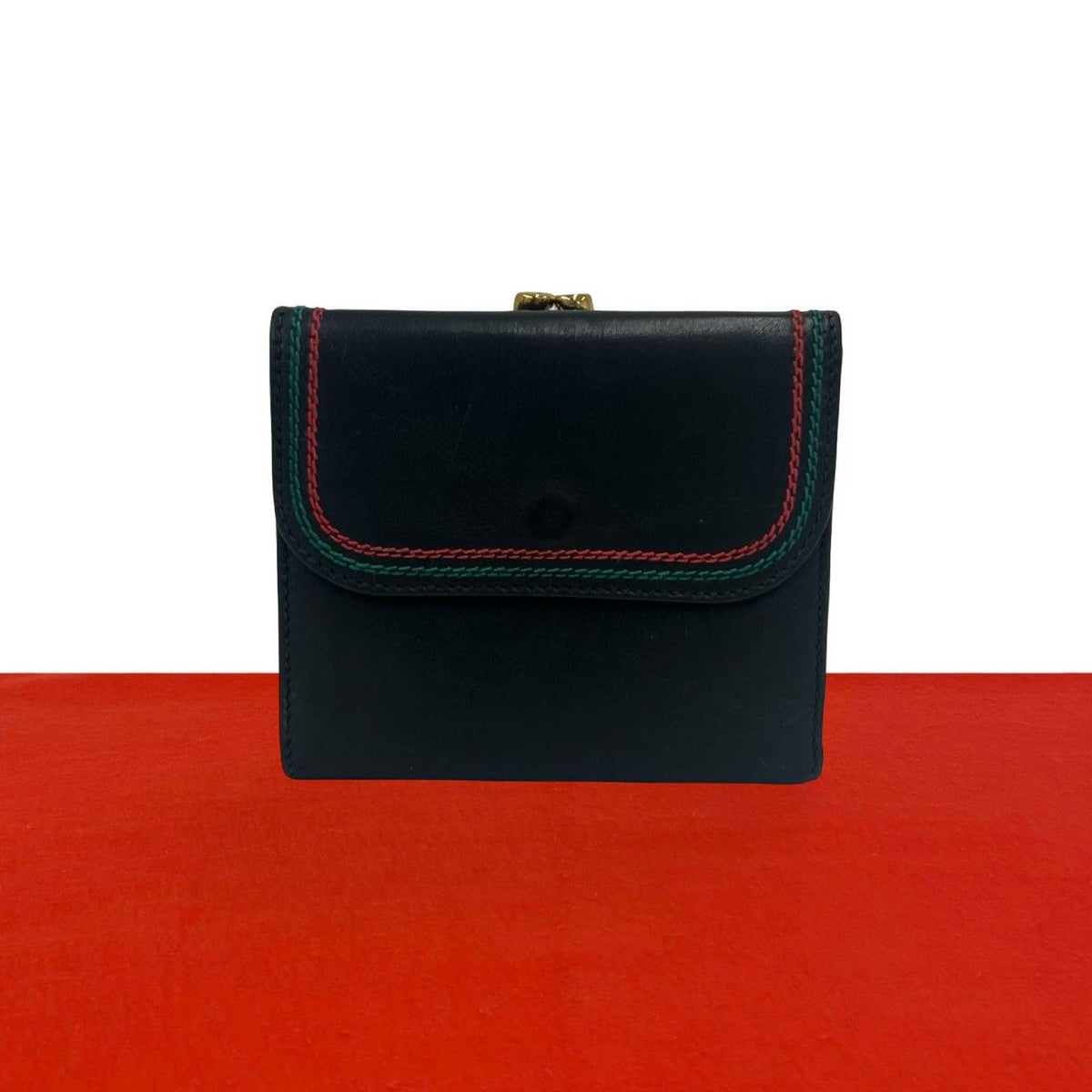 Gucci Sherry Line GG Logo Leather Kiss Lock Bifold Wallet Mini Coin Purse Black