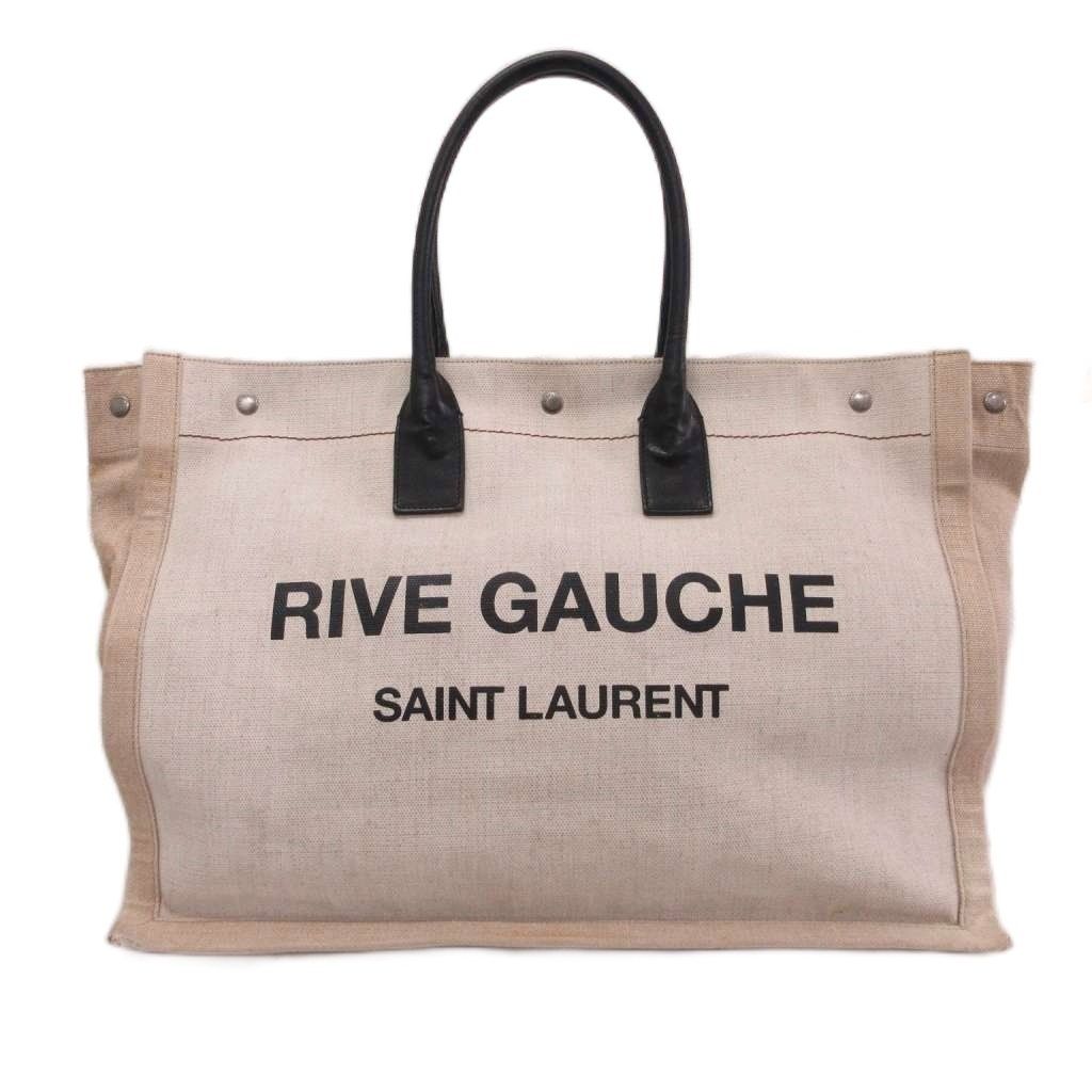 Saint Laurent Rive Gauche Tote Bag Linen Canvas Handle Logo Ivory