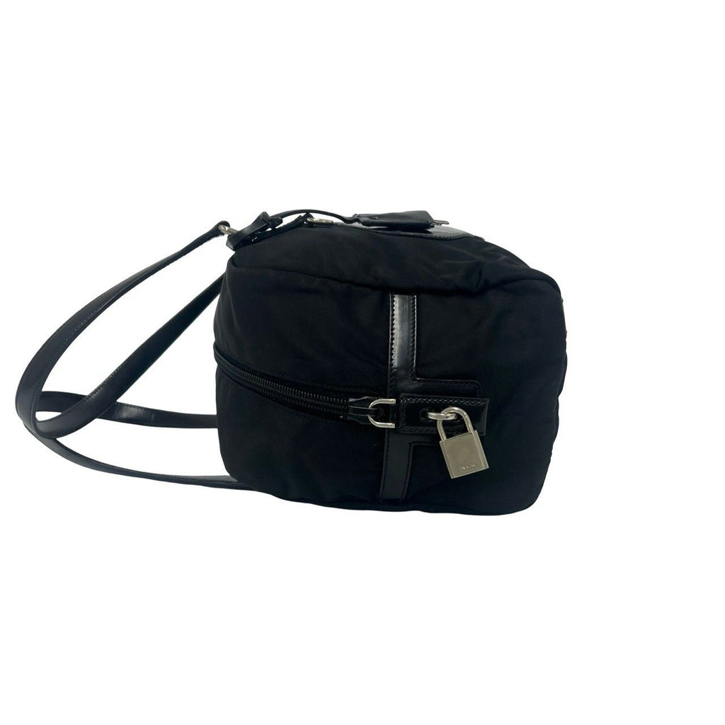 Prada Logo Embossed Tessuto Nylon Patent Shoulder Bag Mini Black with Lock — view 5