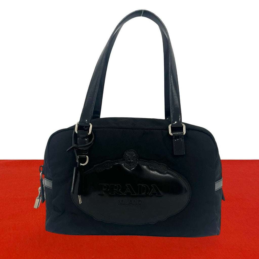 Prada Logo Embossed Tessuto Nylon Patent Shoulder Bag Mini Black with Lock