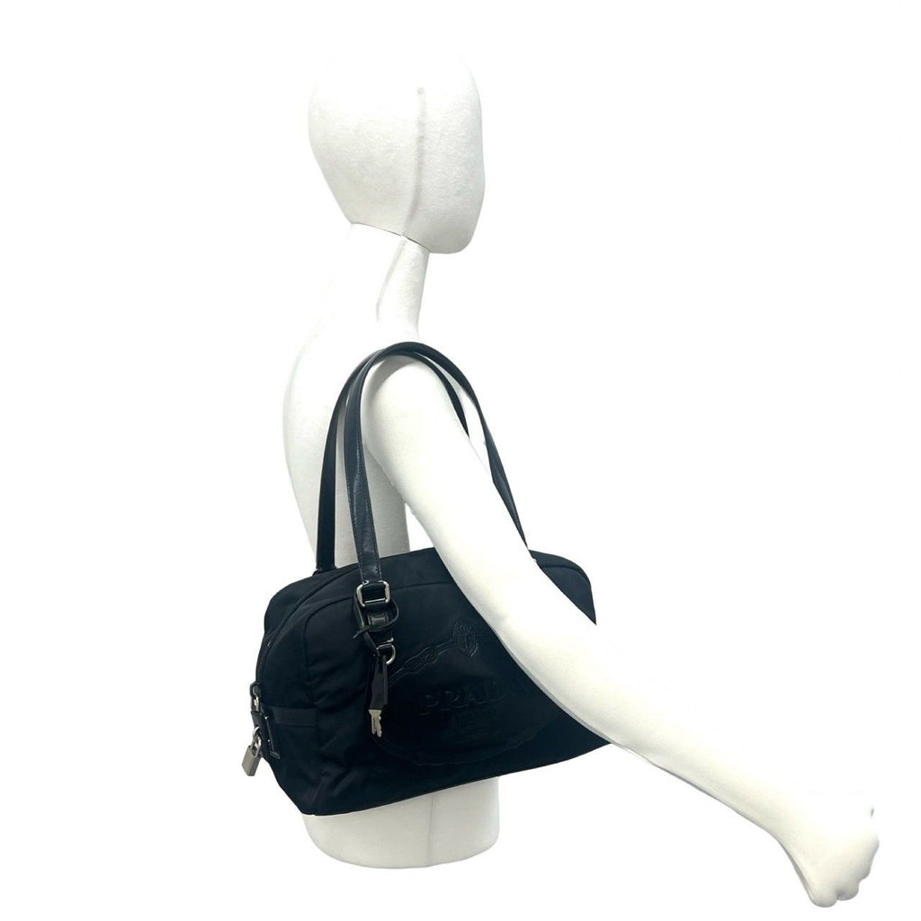 Prada Logo Embossed Tessuto Nylon Patent Shoulder Bag Mini Black with Lock — view 2