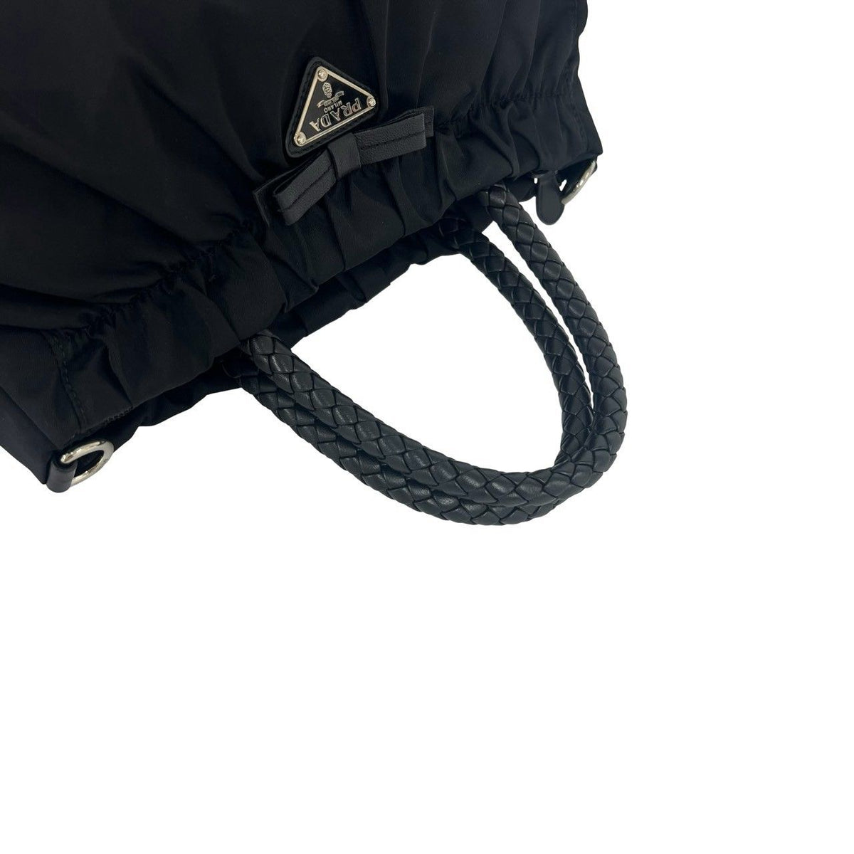 Prada Triangle Logo Plate Tessuto Pocono Nylon Leather Handbag Black — view 4