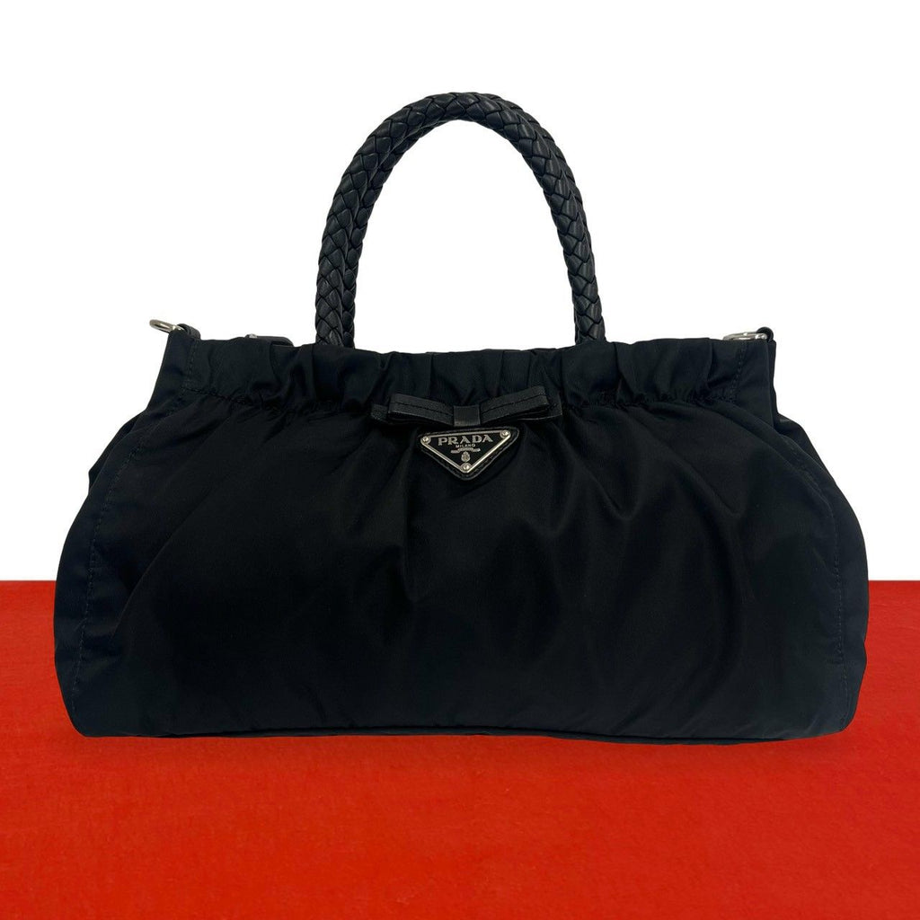 Prada Triangle Logo Plate Tessuto Pocono Nylon Leather Handbag Black