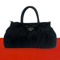 Prada Triangle Logo Plate Tessuto Pocono Nylon Leather Handbag Black