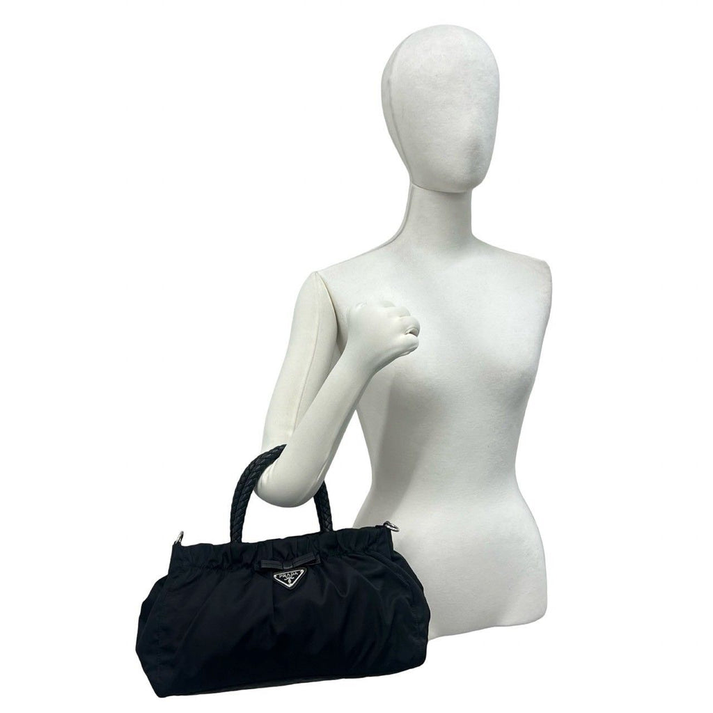 Prada Triangle Logo Plate Tessuto Pocono Nylon Leather Handbag Black — view 2