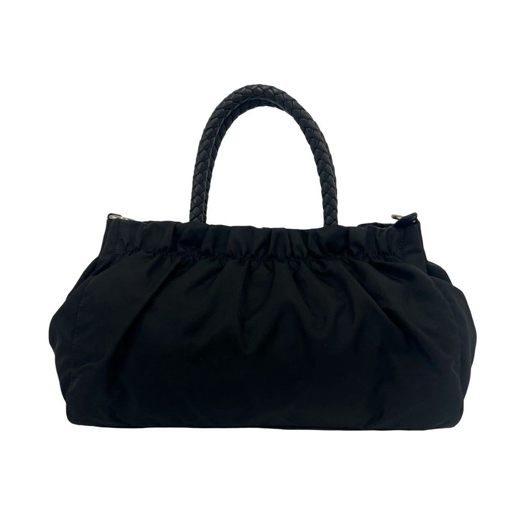 Prada Triangle Logo Plate Tessuto Pocono Nylon Leather Handbag Black — view 3