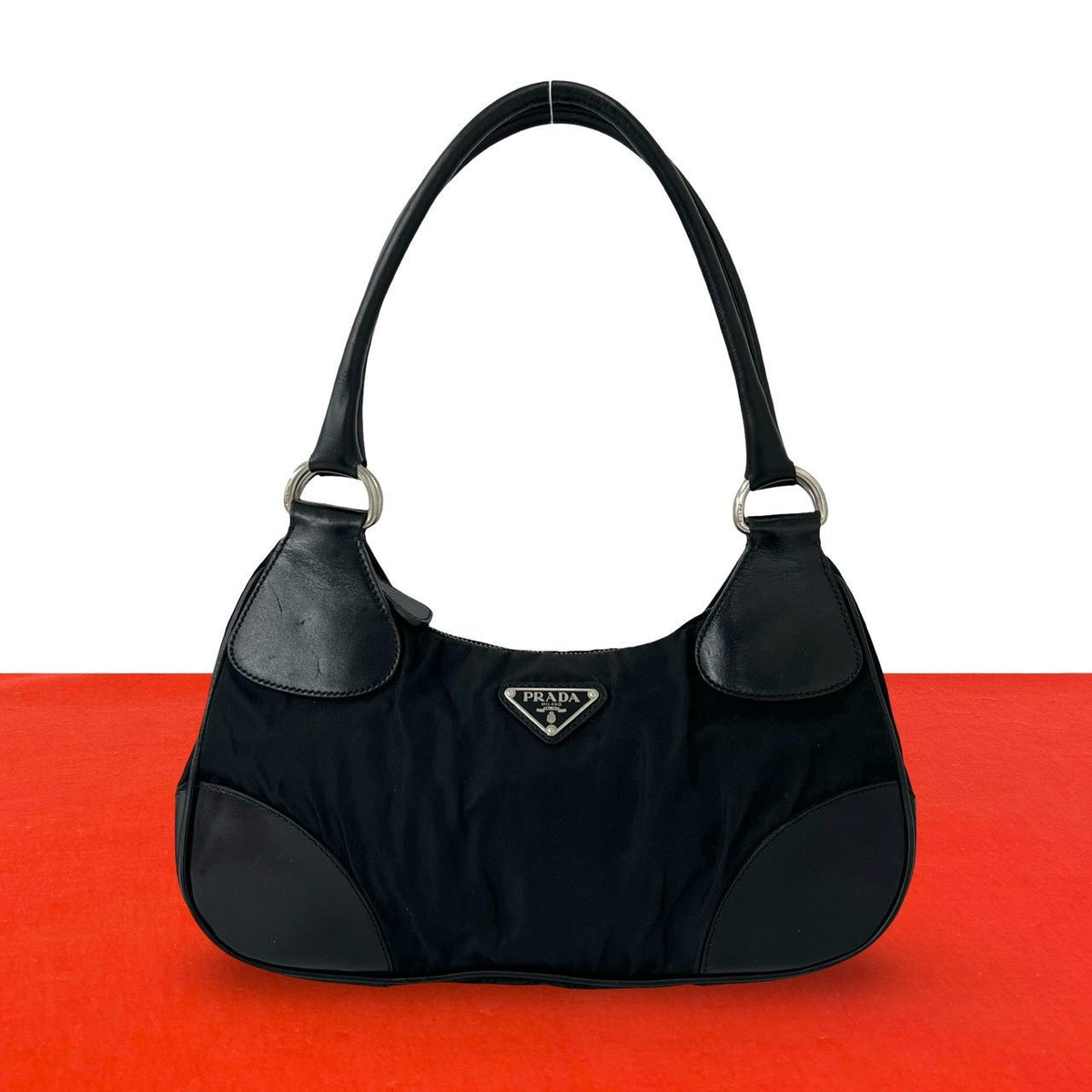 Prada Triangle Logo Tessuto Pocono Nylon Leather Shoulder Bag Black