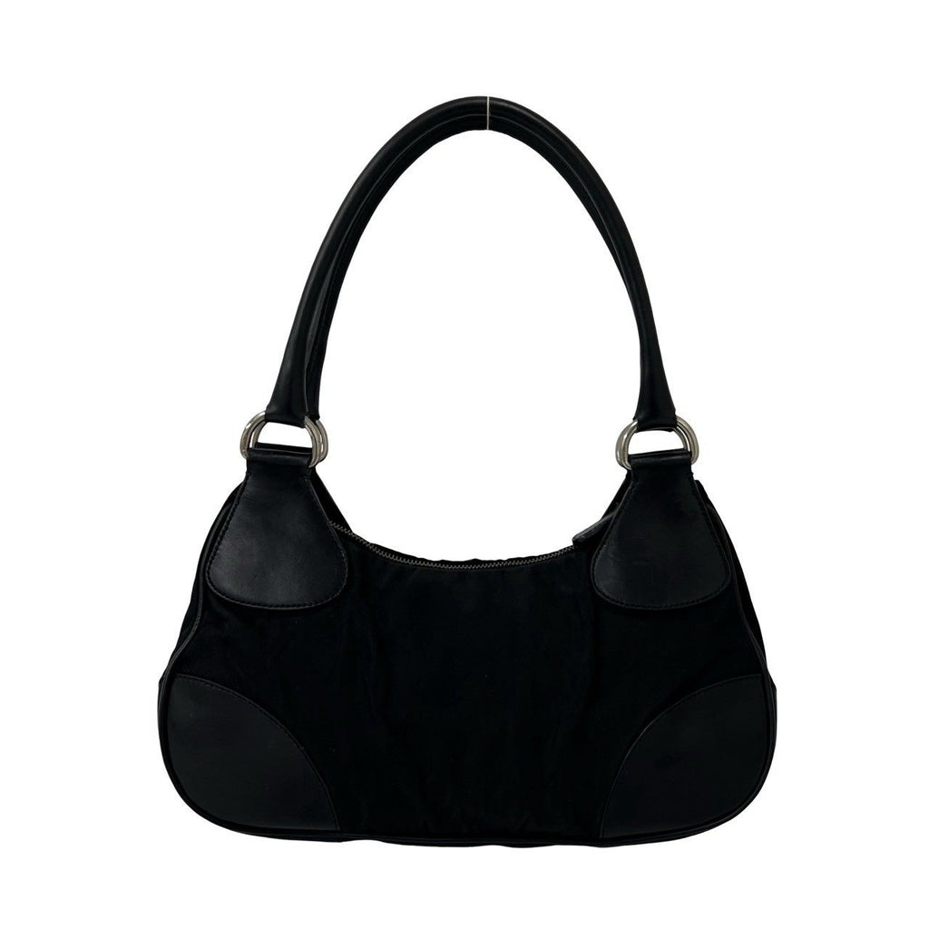 Prada Triangle Logo Tessuto Pocono Nylon Leather Shoulder Bag Black — view 3