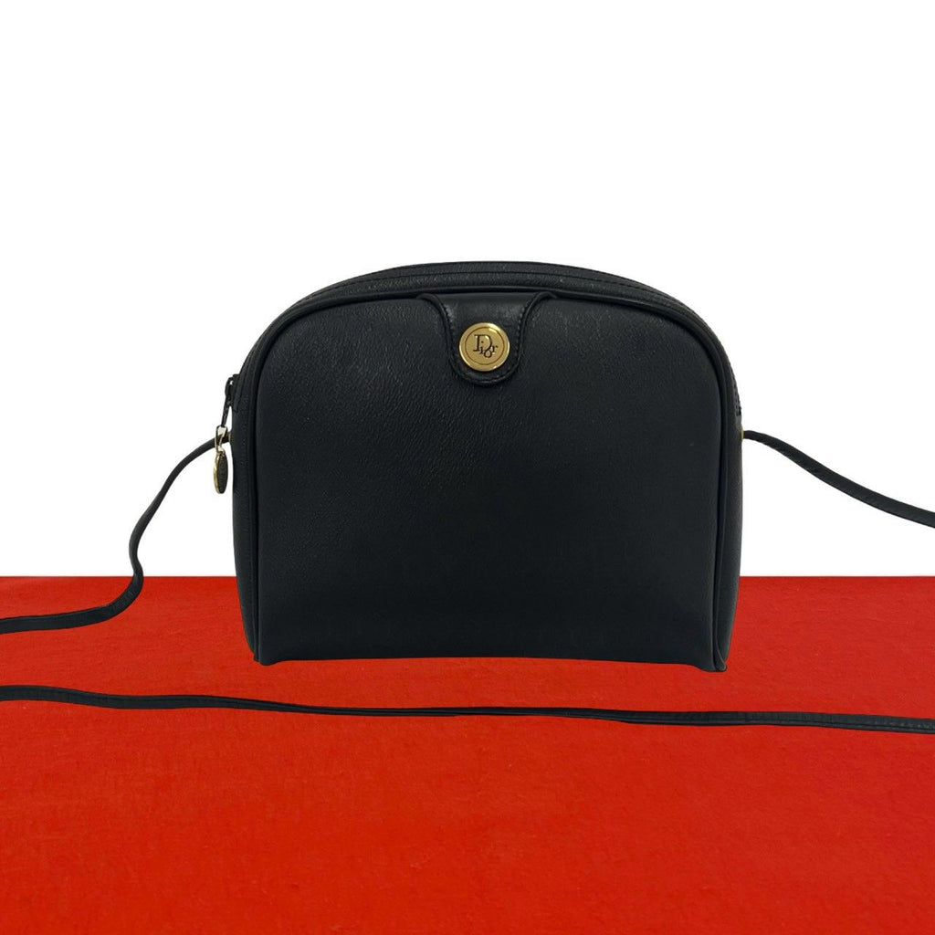 Dior Vintage Logo Honeycomb Pattern Leather Shoulder Bag Black
