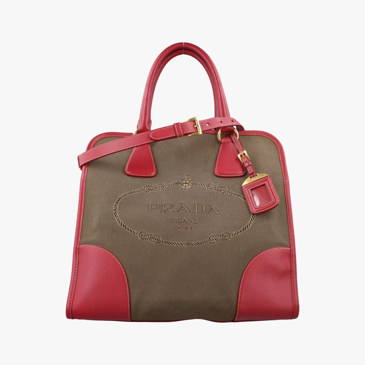 Prada Logo Jacquard Khaki Red Canvas Saffiano Leather