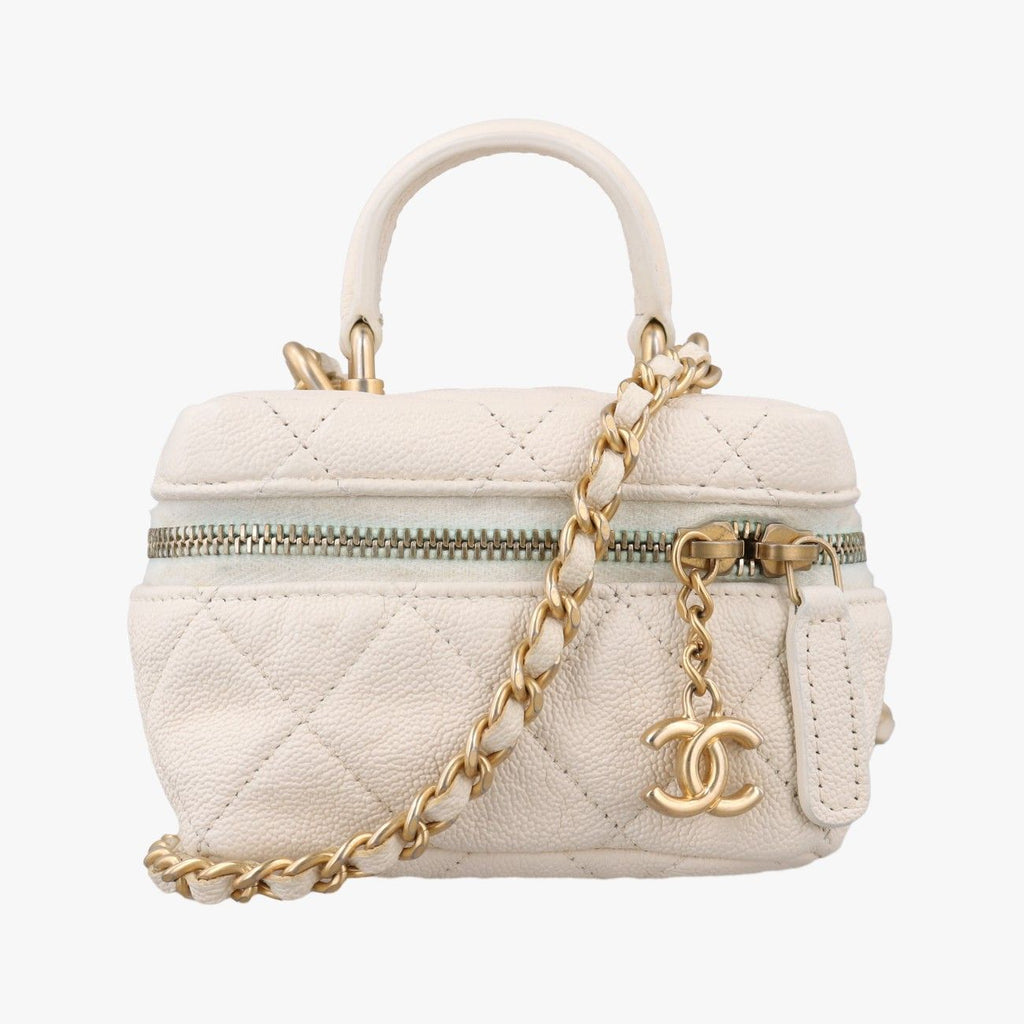 Chanel Quilted Mini Vanity Zip Around White Caviar Leather