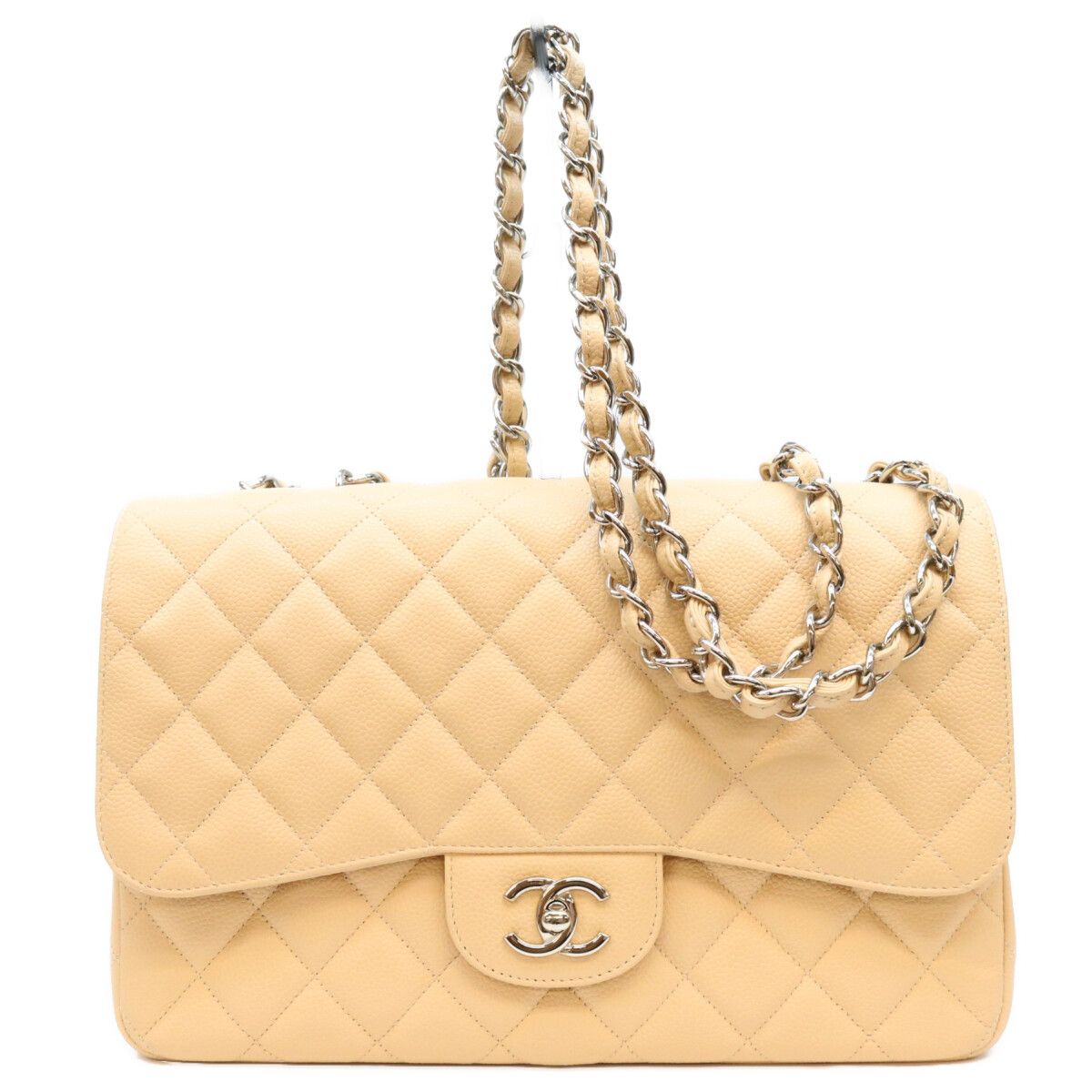 Chanel Beige Caviar Single Flap Silver Maxi Quilted 30 Shoulder Bag