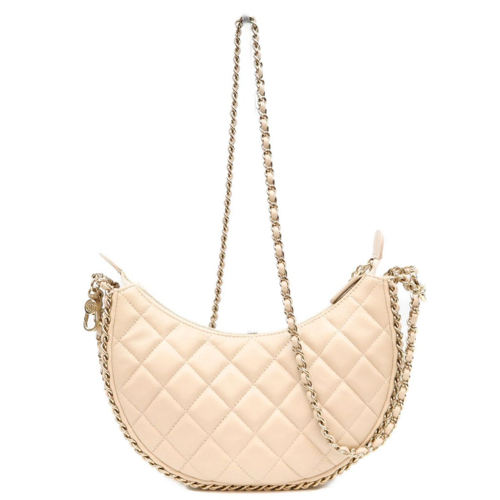Chanel Beige Lambskin Quilted Small Hobo Chain Shoulder Bag