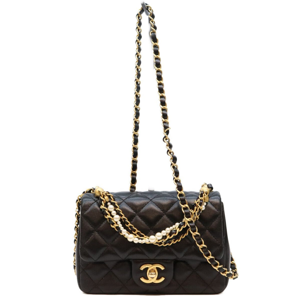 Chanel Black Lambskin Mini Quilted 18 Pearl Chain Shoulder Bag
