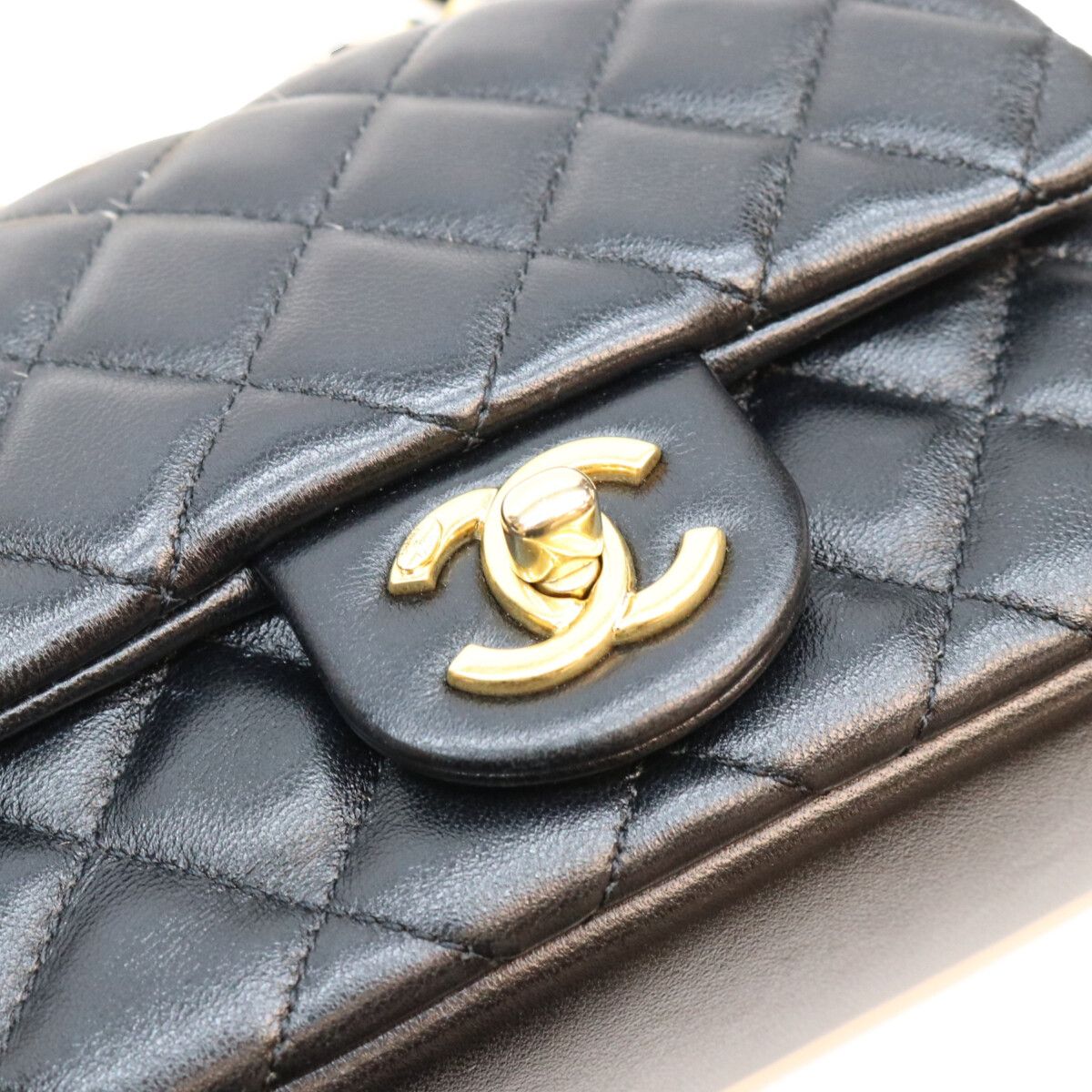 Chanel Black Lambskin Mini Quilted 18 Pearl Chain Shoulder Bag — view 7