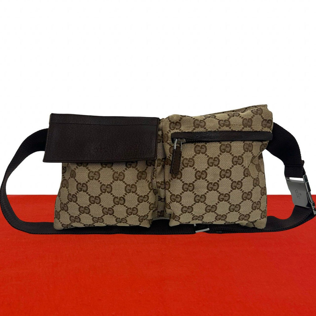 Gucci GG Pattern Logo Canvas Leather Belt Bag Waist Pouch Brown
