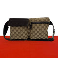 Gucci GG Pattern Logo Canvas Leather Belt Bag Waist Pouch Brown