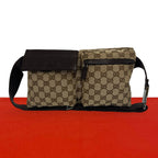 Gucci GG Pattern Logo Canvas Leather Belt Bag Waist Pouch Brown