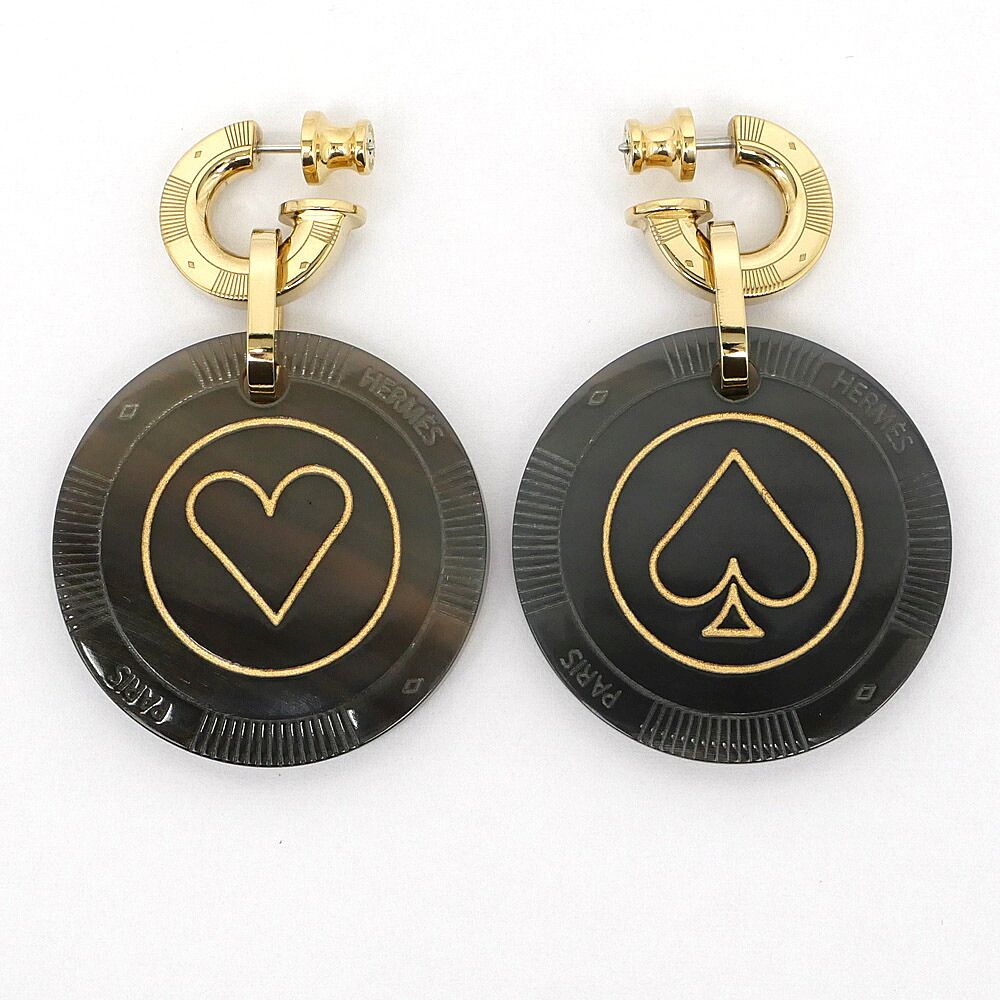 Hermes Earrings Fete Vojeux Heart Spade Buffalo Horn Gold — view 2